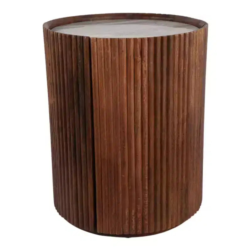 Decorative Ribbed Wooden Side Table with Marble Top and Storage - Small Home Decor Table Stand for Bedroom or Living Room Decor