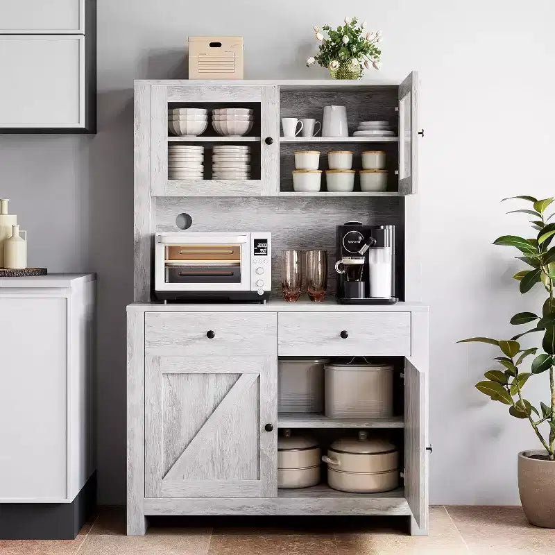 Kitchen Pantry Cabinet with Microwave Stand, Hutch Cabinet with Buffet Cupboard and Adjustable Shelves, for Kitchen, Dining Room