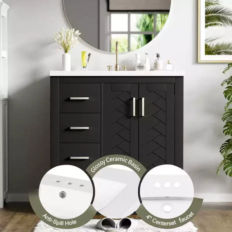 Meuble-lavabo de salle de bain à évier simple de 76 cm avec armoire et 3 tiroirs – Noir / Bleu / Vert / Indigo / Blanc