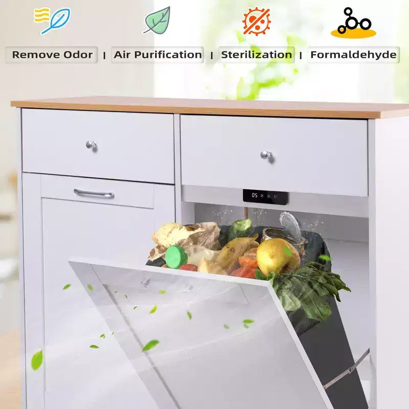EROMMY Double Tilt Trash Cabinet with 2 Drawers, Trash Cabinet with Storage on Wheels,white