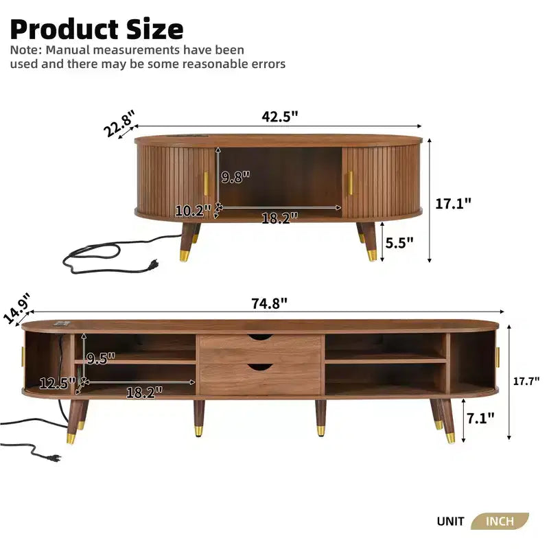 CLIHOME Wooden Farmhouse TV Stand & Coffee Table Set with Charging Station, Oval Fluted Media Console for TVs up to 80