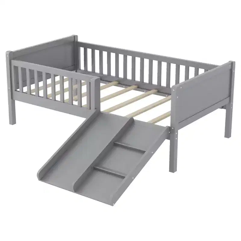 Whisen Twin Size Low Loft Bed Frame for Kids with Slide, Movable Bookshelf Storage, Guardrails, Low Loft Bed Frame