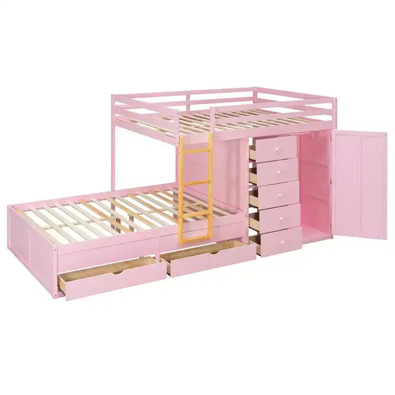 Full Over Full Modern Bunk Bed With Built In Closet And 7 Storage Drawers