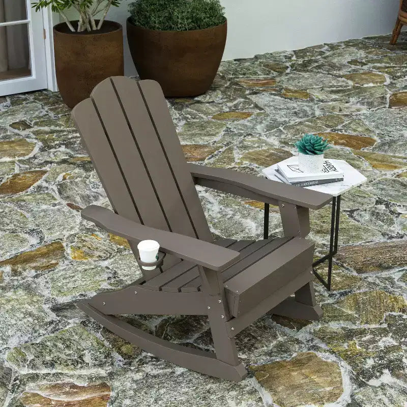 Merrick Lane Adirondack Rocking Chair with Cup Holder, All-Weather HDPE Indoor/Outdoor Chair