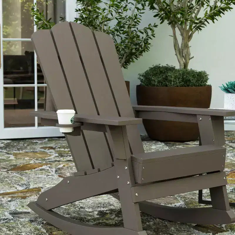 Merrick Lane Adirondack Rocking Chair with Cup Holder, All-Weather HDPE Indoor/Outdoor Chair
