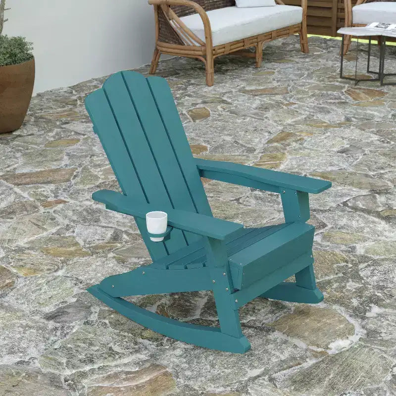 Merrick Lane Adirondack Rocking Chair with Cup Holder, All-Weather HDPE Indoor/Outdoor Chair