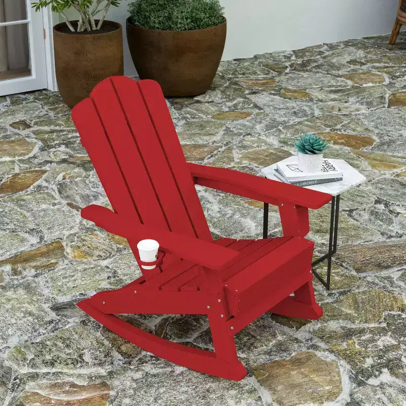 Merrick Lane Adirondack Rocking Chair with Cup Holder, All-Weather HDPE Indoor/Outdoor Chair