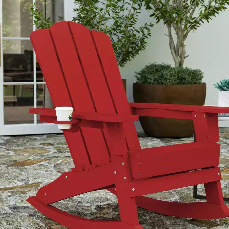 Merrick Lane Adirondack Rocking Chair with Cup Holder, All-Weather HDPE Indoor/Outdoor Chair