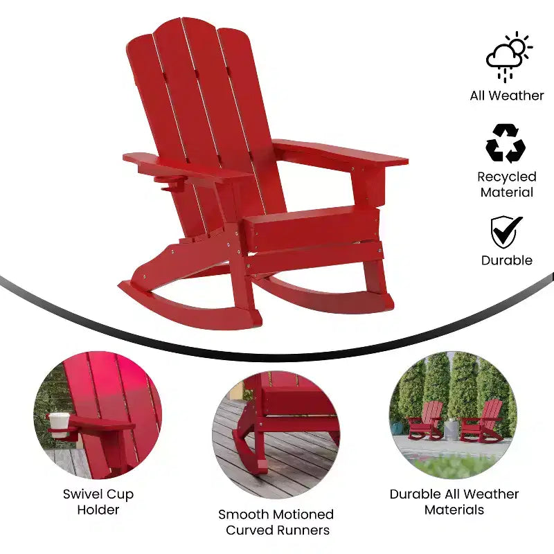 Merrick Lane Adirondack Rocking Chair with Cup Holder, All-Weather HDPE Indoor/Outdoor Chair