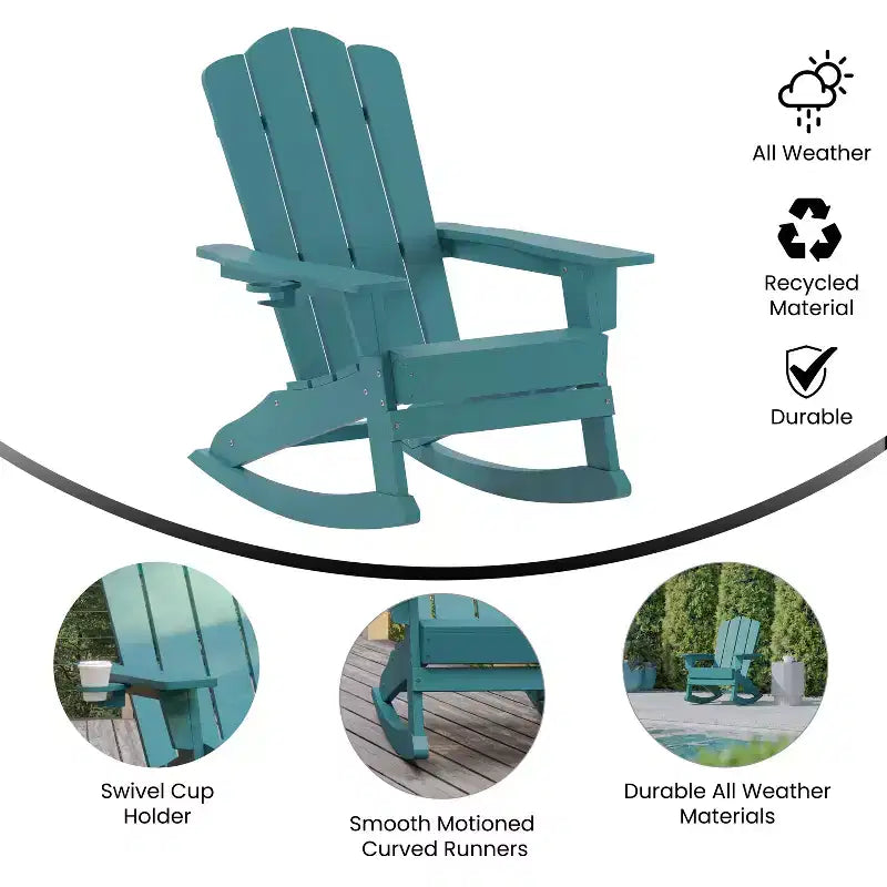 Merrick Lane Adirondack Rocking Chair with Cup Holder, All-Weather HDPE Indoor/Outdoor Chair
