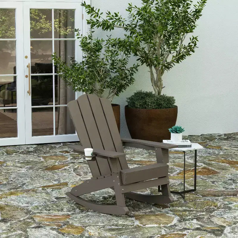 Merrick Lane Adirondack Rocking Chair with Cup Holder, All-Weather HDPE Indoor/Outdoor Chair