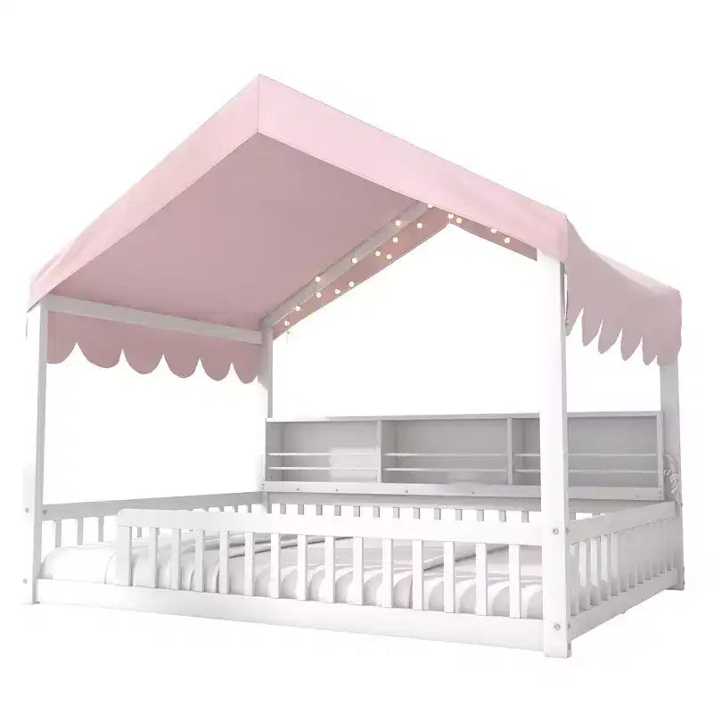 Whisen Full Size Wooden Floor Bed Frame, House-Shaped Daybed with Fense, 3 Storage Bookshelves, Curtain