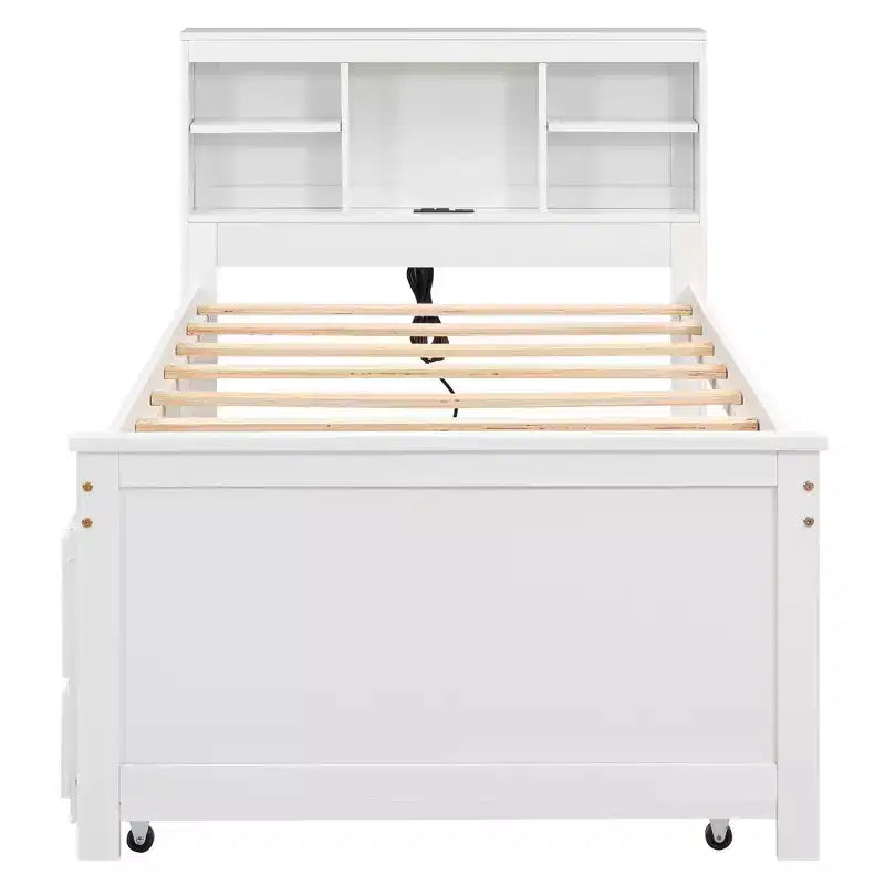 Platform Bed with Trundle and Drawers, Storage Platform Bed with USB, Wood Platform Bed with Bookcase