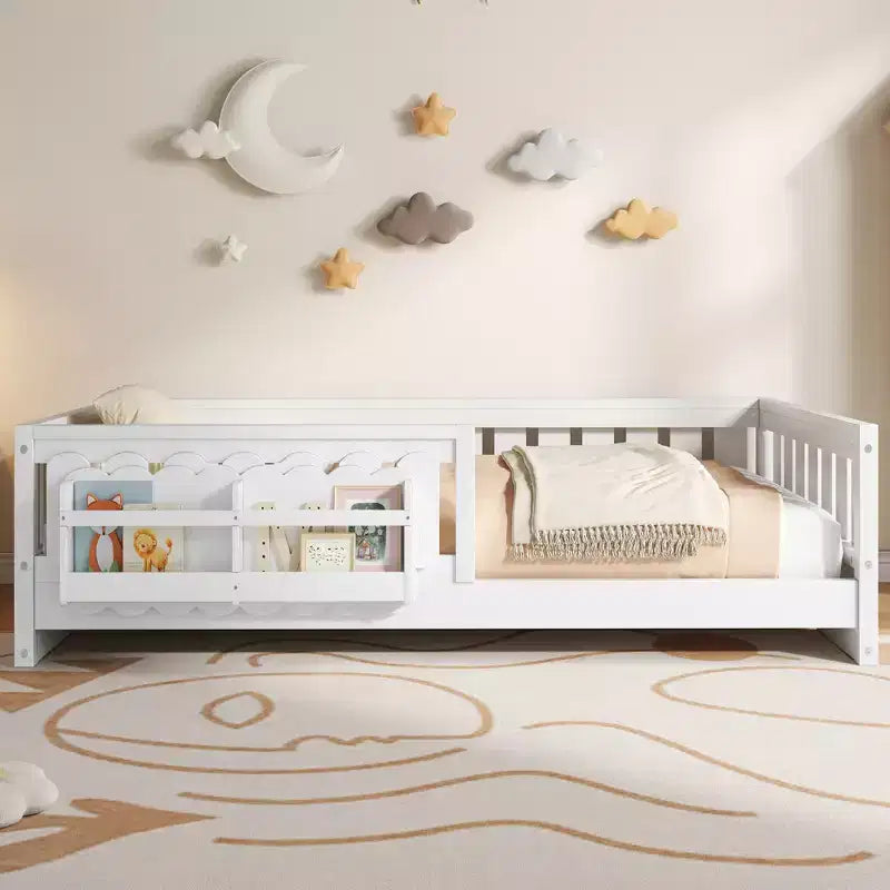 Twin and Full Size Kid Platform Bed Frame with Guardrail, Built-in Bookshelves and Storage Shelves
