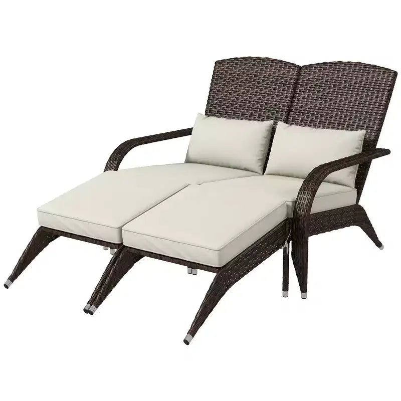 Outsunny Wicker Adirondack Chair for 2 with Cushions & Footrests, PE Rattan Fire Pit Chair for 2with High-back, Wide Armrests