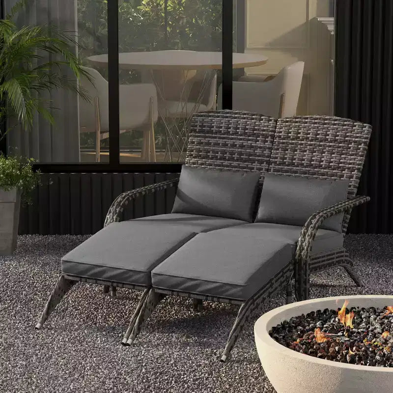 Outsunny Wicker Adirondack Chair for 2 with Cushions & Footrests, PE Rattan Fire Pit Chair for 2with High-back, Wide Armrests