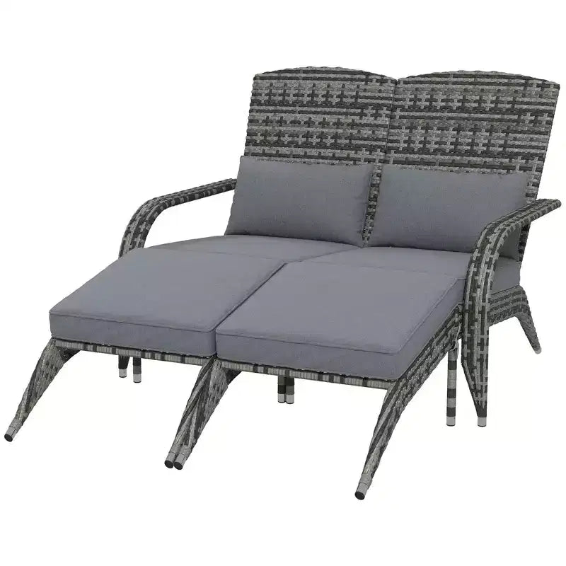 Outsunny Wicker Adirondack Chair for 2 with Cushions & Footrests, PE Rattan Fire Pit Chair for 2with High-back, Wide Armrests