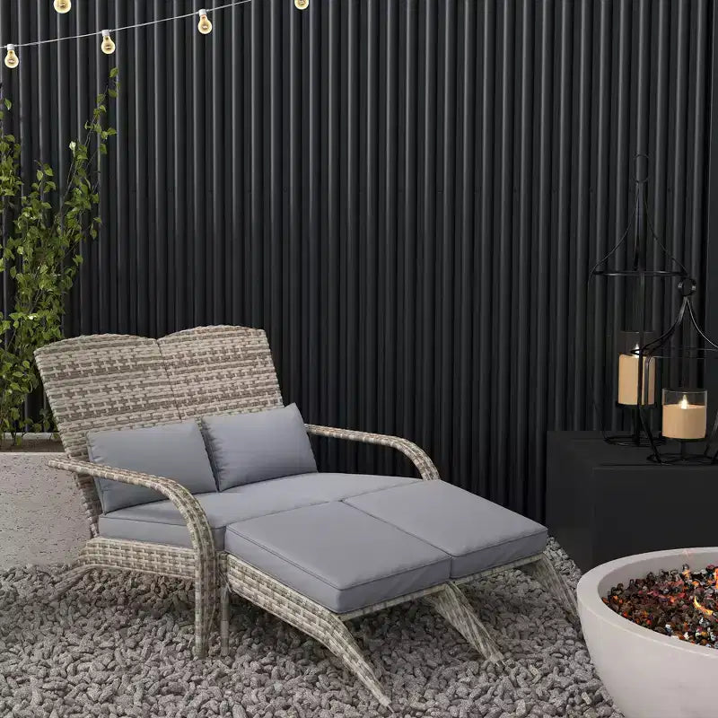 Outsunny Wicker Adirondack Chair for 2 with Cushions & Footrests, PE Rattan Fire Pit Chair for 2with High-back, Wide Armrests