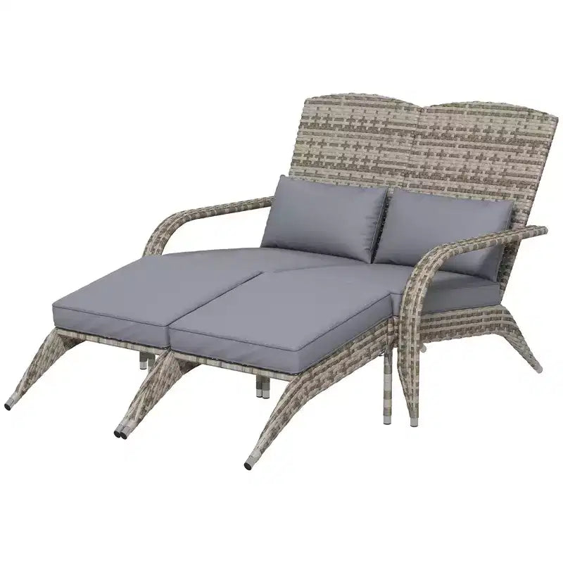 Outsunny Wicker Adirondack Chair for 2 with Cushions & Footrests, PE Rattan Fire Pit Chair for 2with High-back, Wide Armrests