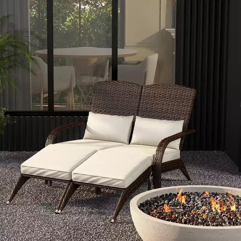 Outsunny Wicker Adirondack Chair for 2 with Cushions & Footrests, PE Rattan Fire Pit Chair for 2with High-back, Wide Armrests