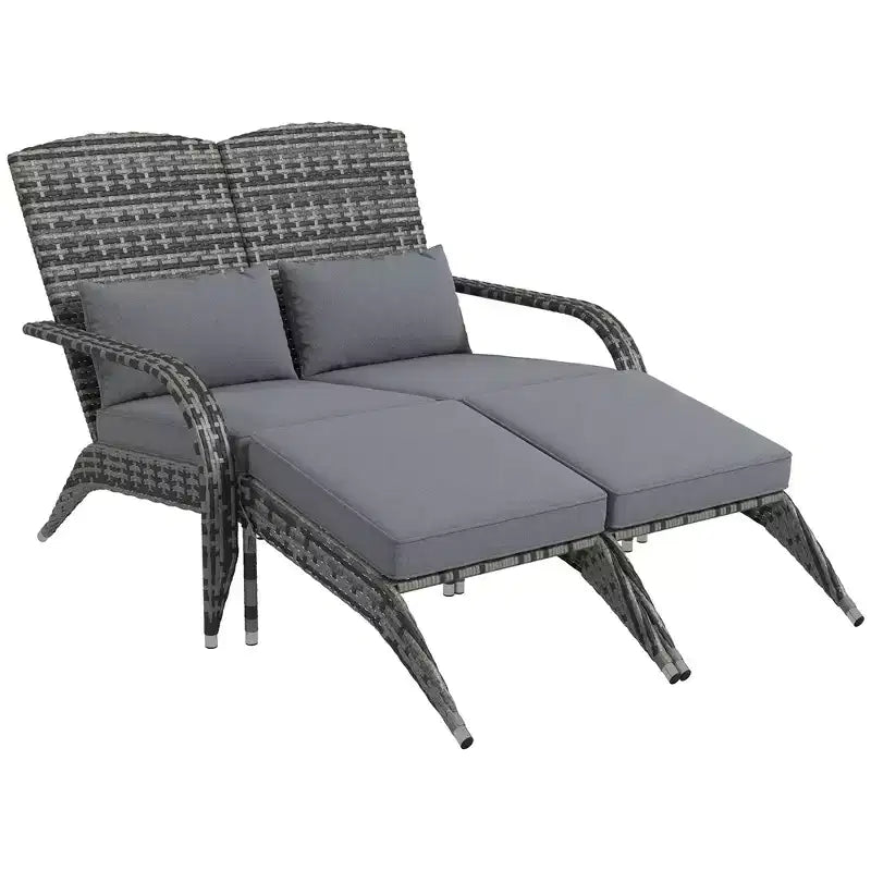 Outsunny Wicker Adirondack Chair for 2 with Cushions & Footrests, PE Rattan Fire Pit Chair for 2with High-back, Wide Armrests