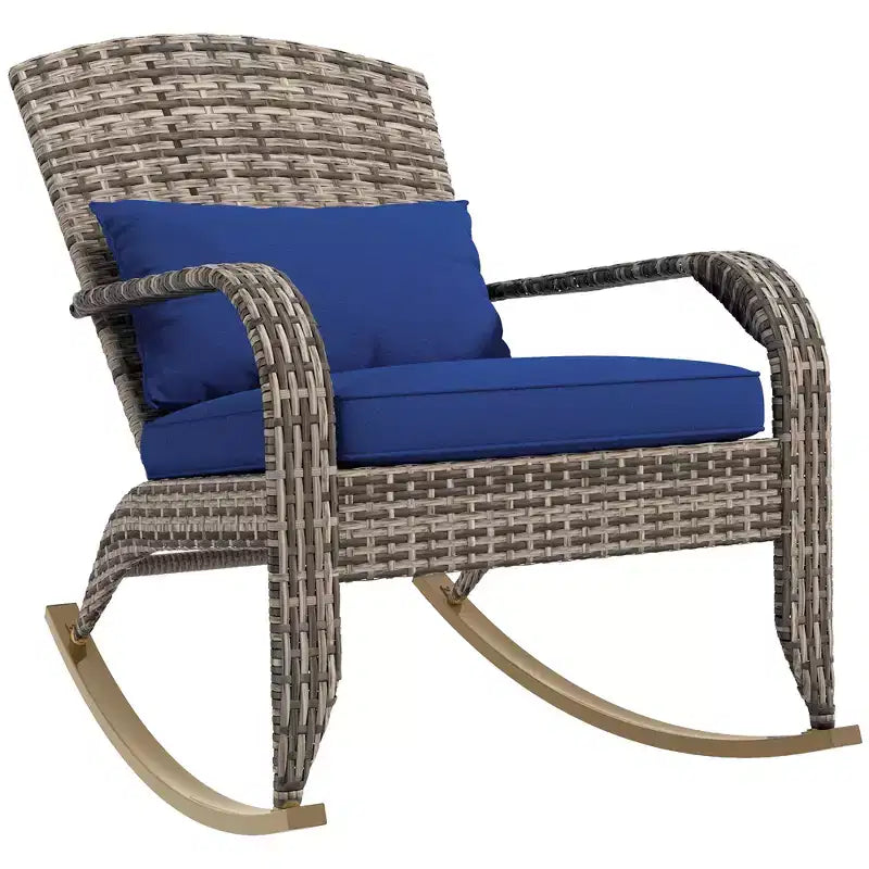 Outsunny Outdoor Wicker Adirondack Rocking Chair, Patio Rattan Rocker Chair with High Back, Seat Cushion and Pillow for Porch, Balcony