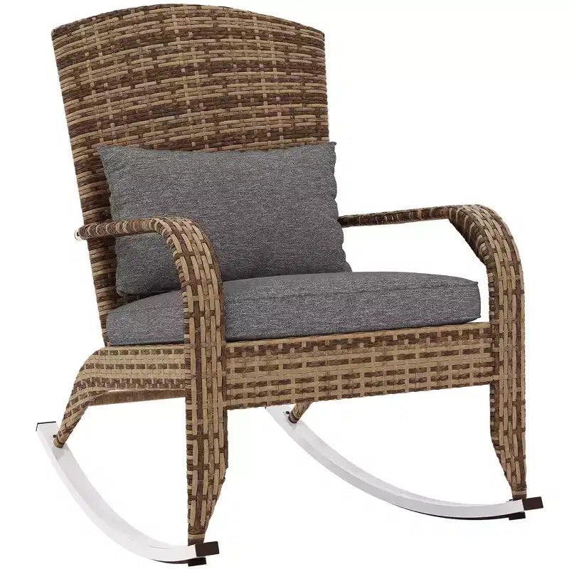 Outsunny Outdoor Wicker Adirondack Rocking Chair, Patio Rattan Rocker Chair with High Back, Seat Cushion and Pillow for Porch, Balcony