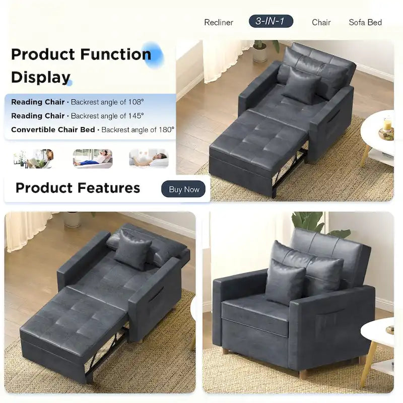 Adjustable Sleeper Chair Bed, 3-in-1 Convertible, Multiple Colors, Fits 1 Person