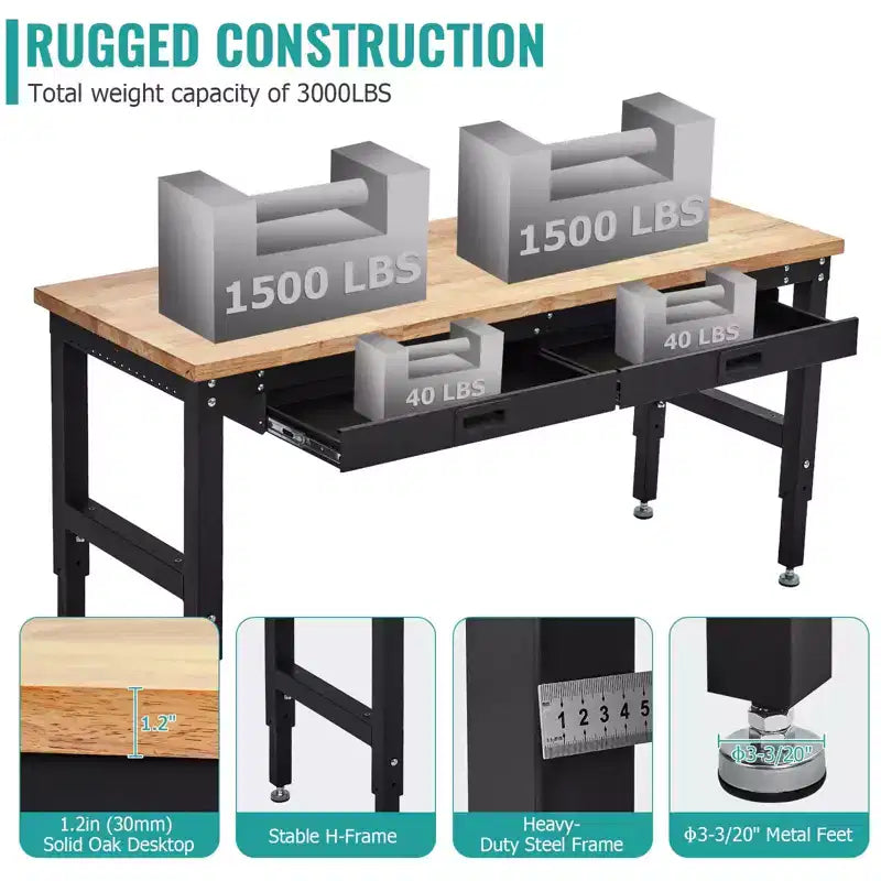 Établi de 152 cm, table de travail avec plateau en bois d'hévéa, 2 tiroirs et panneau perforé, établi robuste réglable en hauteur de 1360 kg avec prises de courant