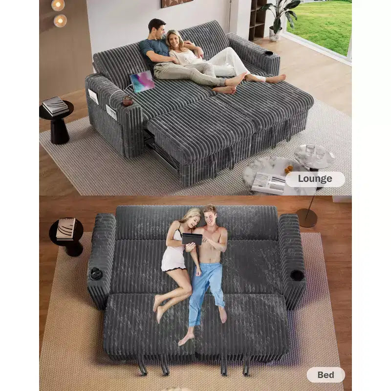 Dyonery 91 Sectional Sleeper Sofa Bed with Pull Out Bed,Reclining Backrest/Two Pull Out Beds/USB Ports/Cup Holders, Plush Corduroy