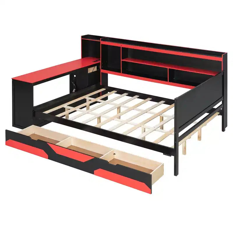 Gamer Hub Daybed with Desk, RGB Lights, Charging Station, Storage Drawers & Bookcase Headboard