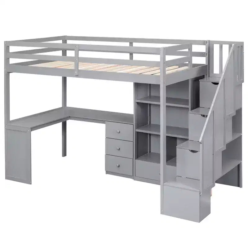 Twin Size Loft Bed with L-Shaped Desk, 3 Drawers, Cabinet, Staircase Storage, Solid Pine/MDF Build