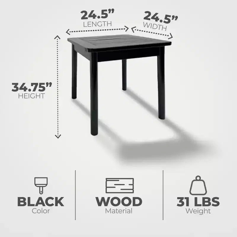 Jack Post Farmhouse Indoor and Outdoor Hardwood Square Adirondack Dining Accent Side End Table for Patio, Pool, and Porch, Black