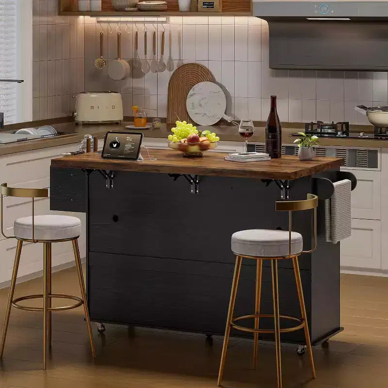 55 Mobile Island Table with Power Outlet & Drop Leaf, Kitchen Rolling Island Kitchen Island Cart with Trash Storage Cabinet for Kitchen