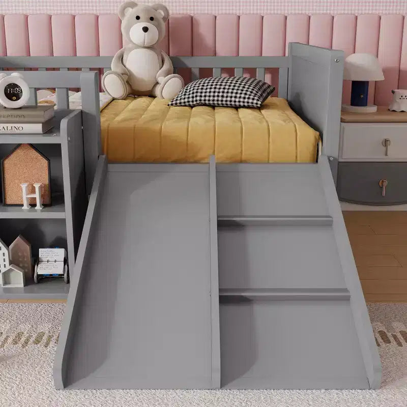 Whisen Twin Size Low Loft Bed Frame for Kids with Slide, Movable Bookshelf Storage, Guardrails, Low Loft Bed Frame