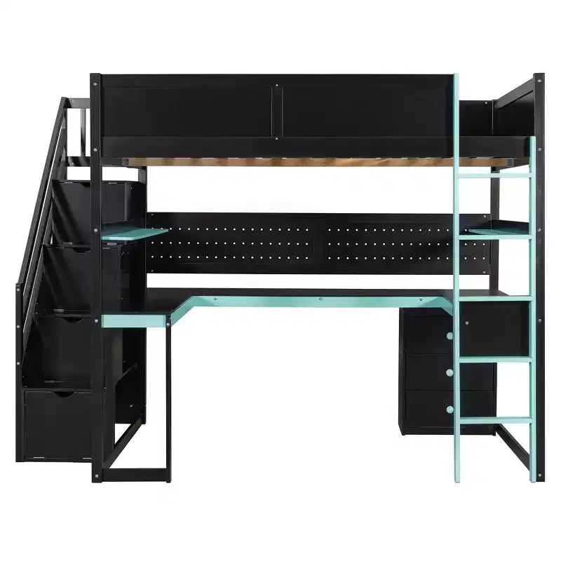 GDFStudio Scott Wooden Gaming Loft Bed with Storage Stairs, Desk, Shelves & Pegboard