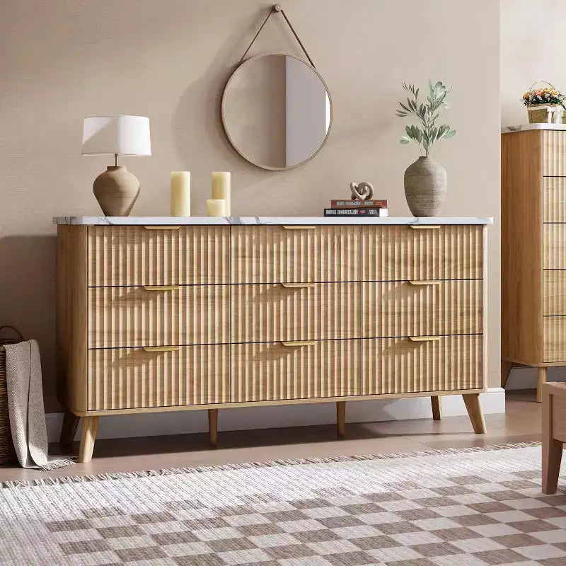 9 Drawers Fluted Dresser, Modern Chest, Wooden Dresser TV Stand, Curved Profile Design, for Living Room, Hallway