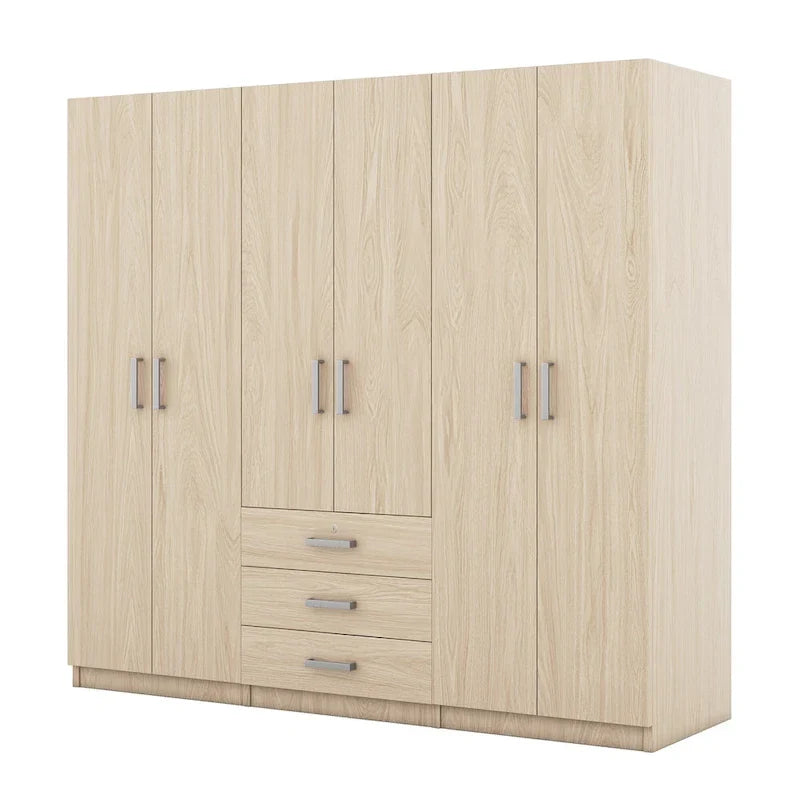 Armoire 6 portes en bois avec 3 grands tiroirs de rangement pour chambre à coucher