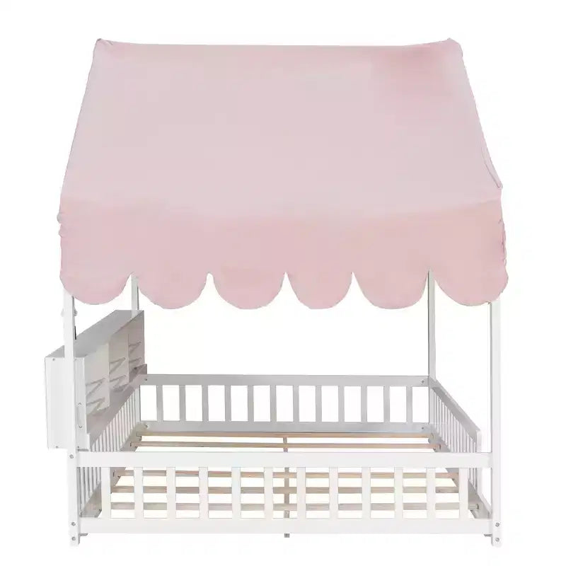 Whisen Full Size Wooden Floor Bed Frame, House-Shaped Daybed with Fense, 3 Storage Bookshelves, Curtain