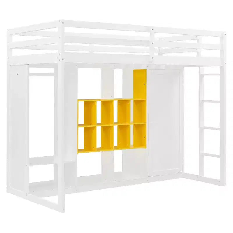 Lit mezzanine enfant avec armoire et étagères, Cadre de lit mezzanine en bois avec meuble de rangement pour enfants et adolescents