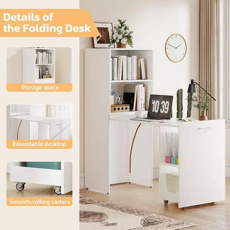 MooxvMoo Stretchable Desk with Storage Shelves and Mobile Wheels, Foldable Computer Table for Small Apartments and Home Offices, White