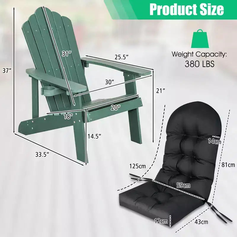 Costway Adirondack Chair HIPS Adirondack Chair with Cup Holder & Cushion Black/Green/Navy/Grey/White/Yellow