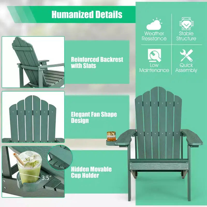 Costway Adirondack Chair HIPS Adirondack Chair with Cup Holder & Cushion Black/Green/Navy/Grey/White/Yellow
