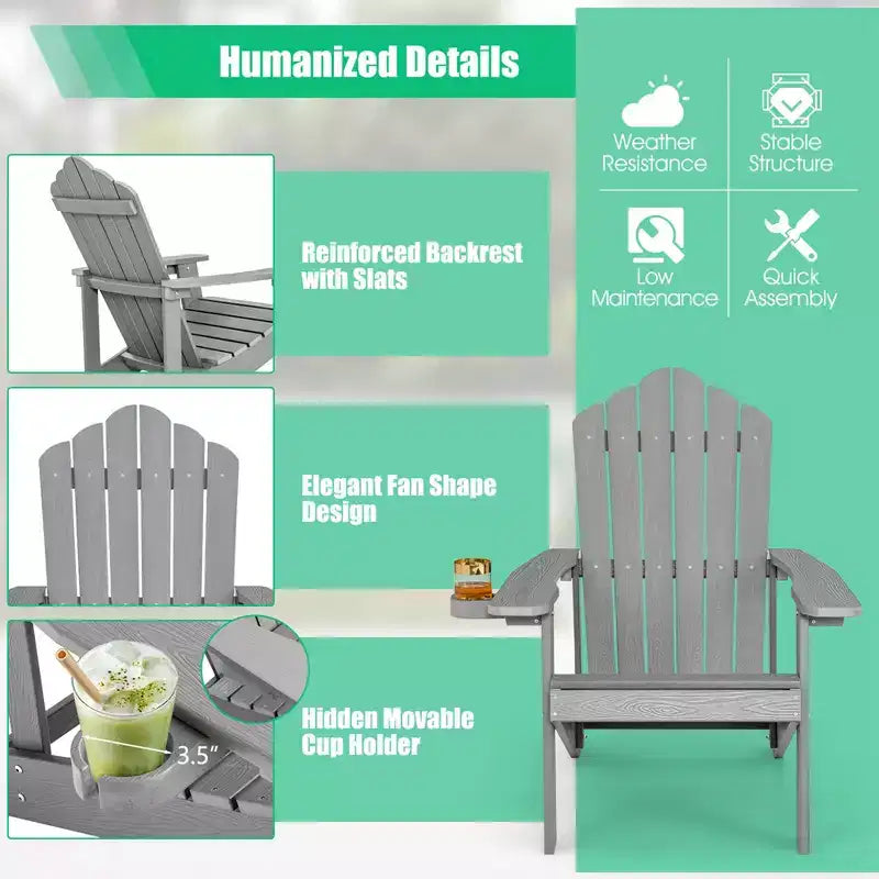Costway Adirondack Chair HIPS Adirondack Chair with Cup Holder & Cushion Black/Green/Navy/Grey/White/Yellow