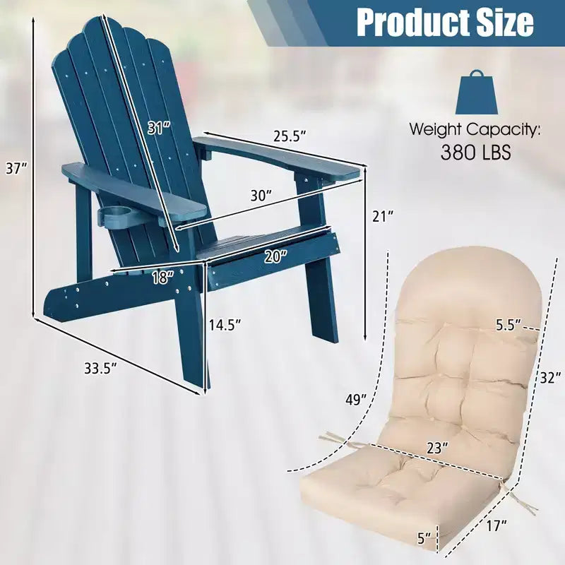 Costway Adirondack Chair HIPS Adirondack Chair with Cup Holder & Cushion Black/Green/Navy/Grey/White/Yellow