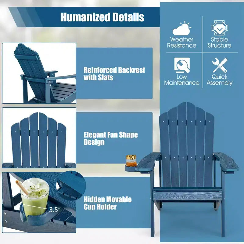 Costway Adirondack Chair HIPS Adirondack Chair with Cup Holder & Cushion Black/Green/Navy/Grey/White/Yellow