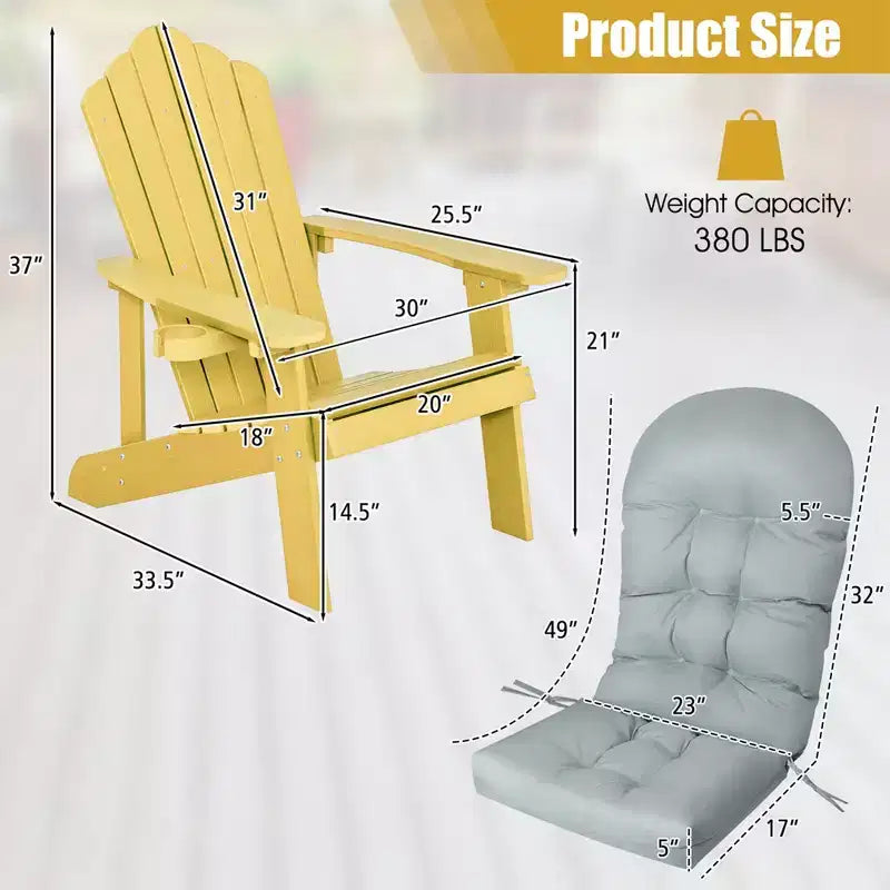 Costway Adirondack Chair HIPS Adirondack Chair with Cup Holder & Cushion Black/Green/Navy/Grey/White/Yellow