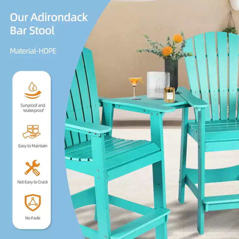 Aoodor Tall Adirondack Chairs Set of 2, HDPE Patio Bar Stool with Connecting Tray,All-Weather Balcony Chair