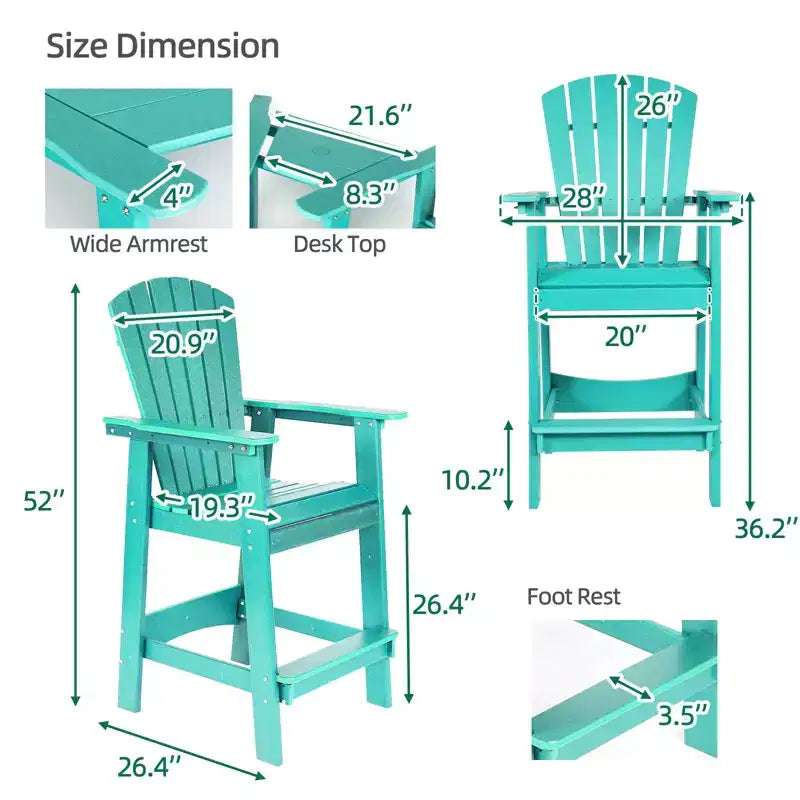 Aoodor Tall Adirondack Chairs Set of 2, HDPE Patio Bar Stool with Connecting Tray,All-Weather Balcony Chair