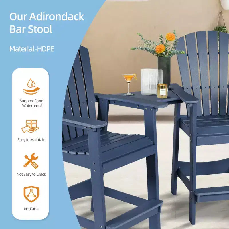 Aoodor Tall Adirondack Chairs Set of 2, HDPE Patio Bar Stool with Connecting Tray,All-Weather Balcony Chair